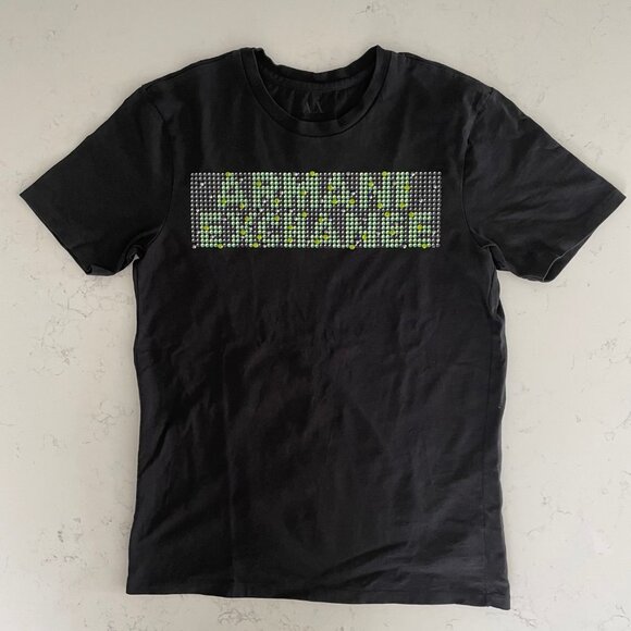 Armani Exchange Casual SS Crew Neck Cotton T Shirt Black Green w Beading Sz S - Picture 2 of 10